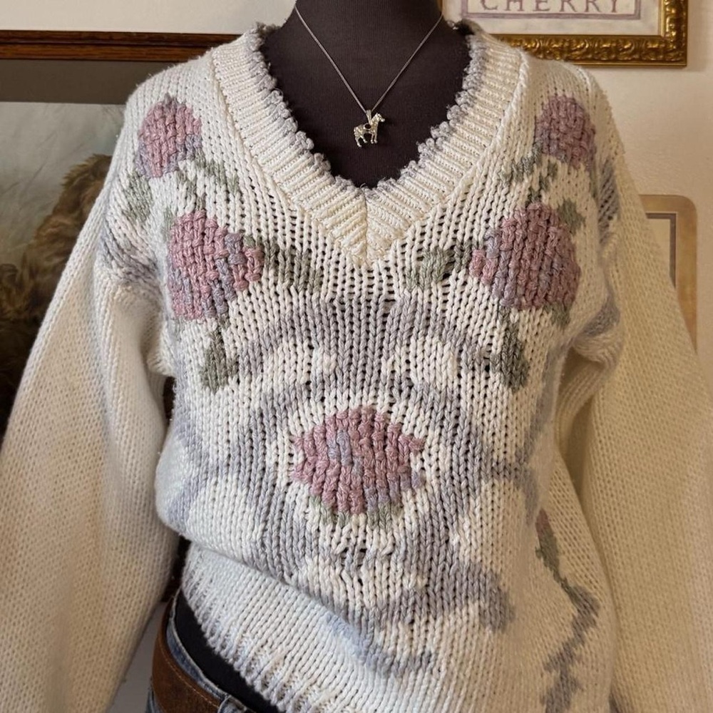 Cream Cottage Vintage Floral Knit Sweater
